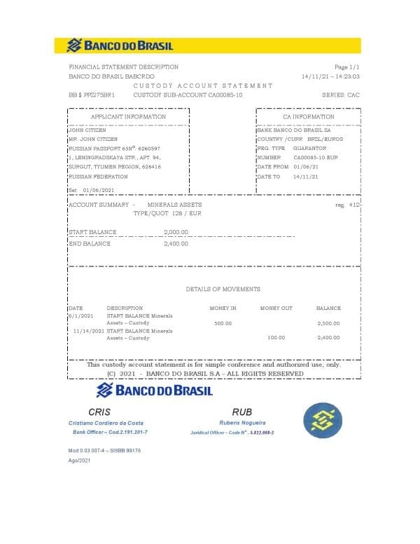 Brazil Banco do Brasil bank statement easy to fill template in Excel and PDF format