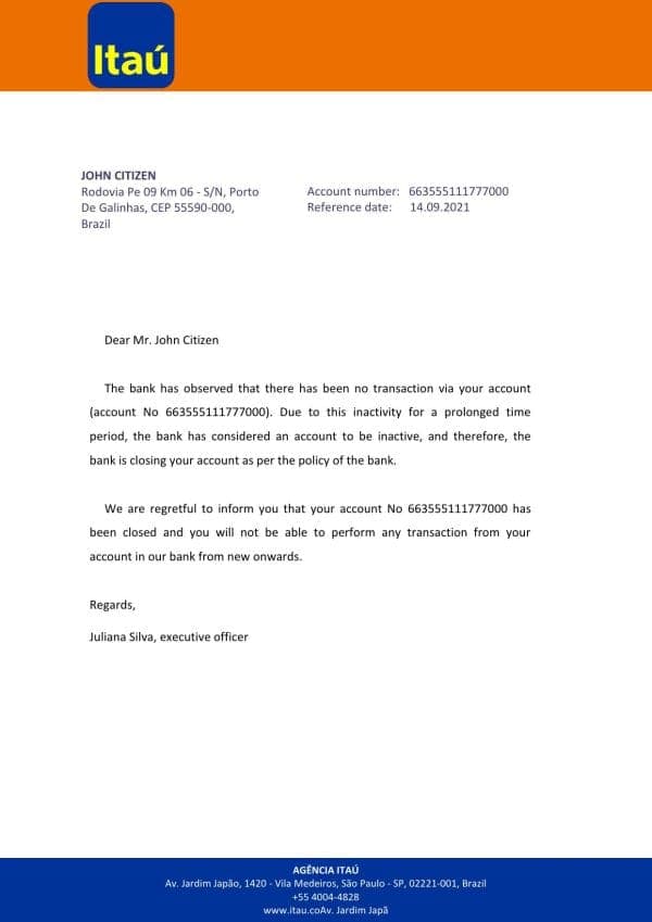Brazil Itau bank account closure reference letter template in Word and PDF format Brazil Itau bank account closure reference letter template in Word and PDF format