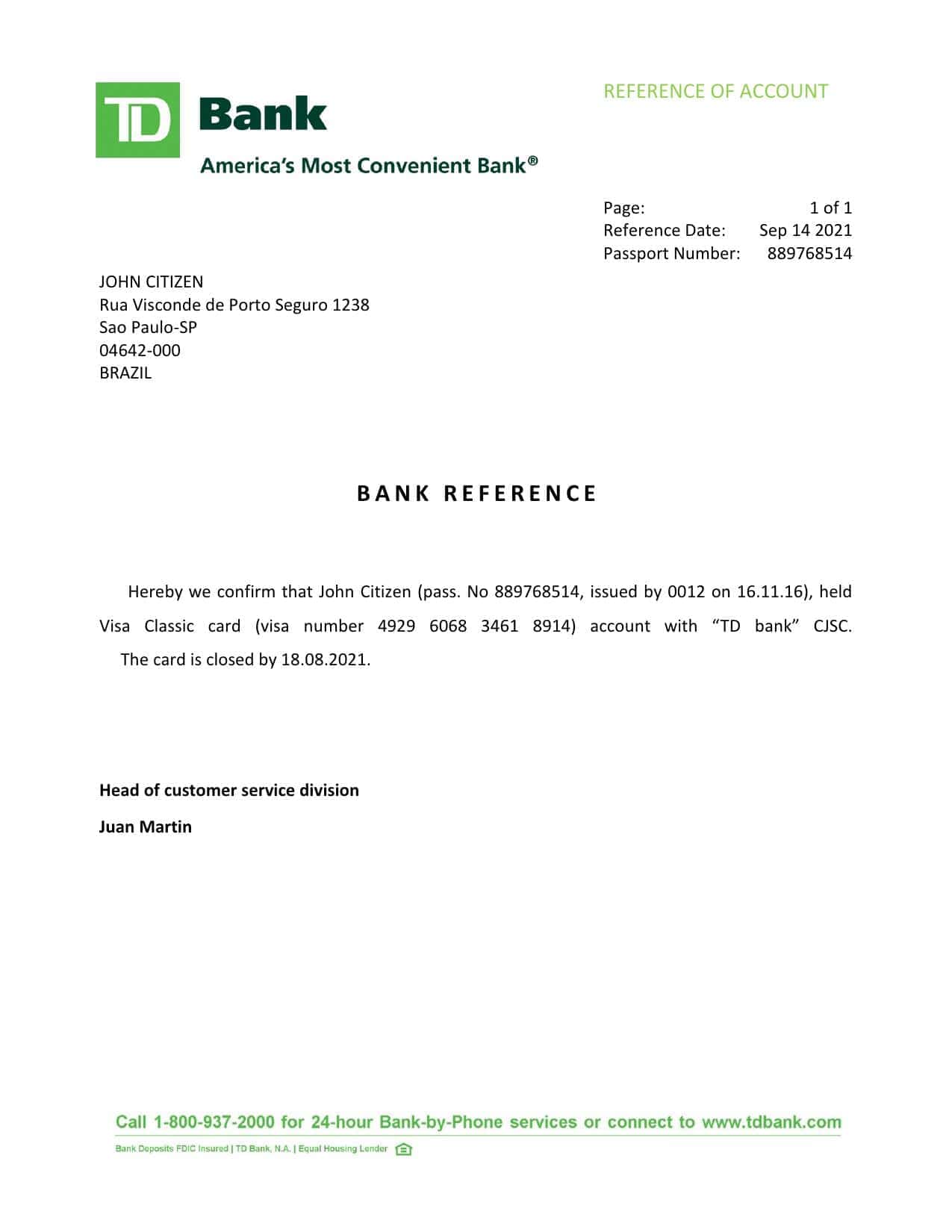Brazil TD bank account closure reference letter template in Word and PDF format Brazil TD bank account closure reference letter template in Word and PDF format