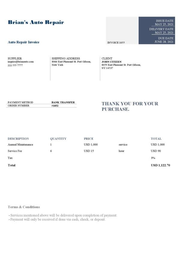 USA Brian’s Auto Repair invoice template in Word and PDF format, fully editable