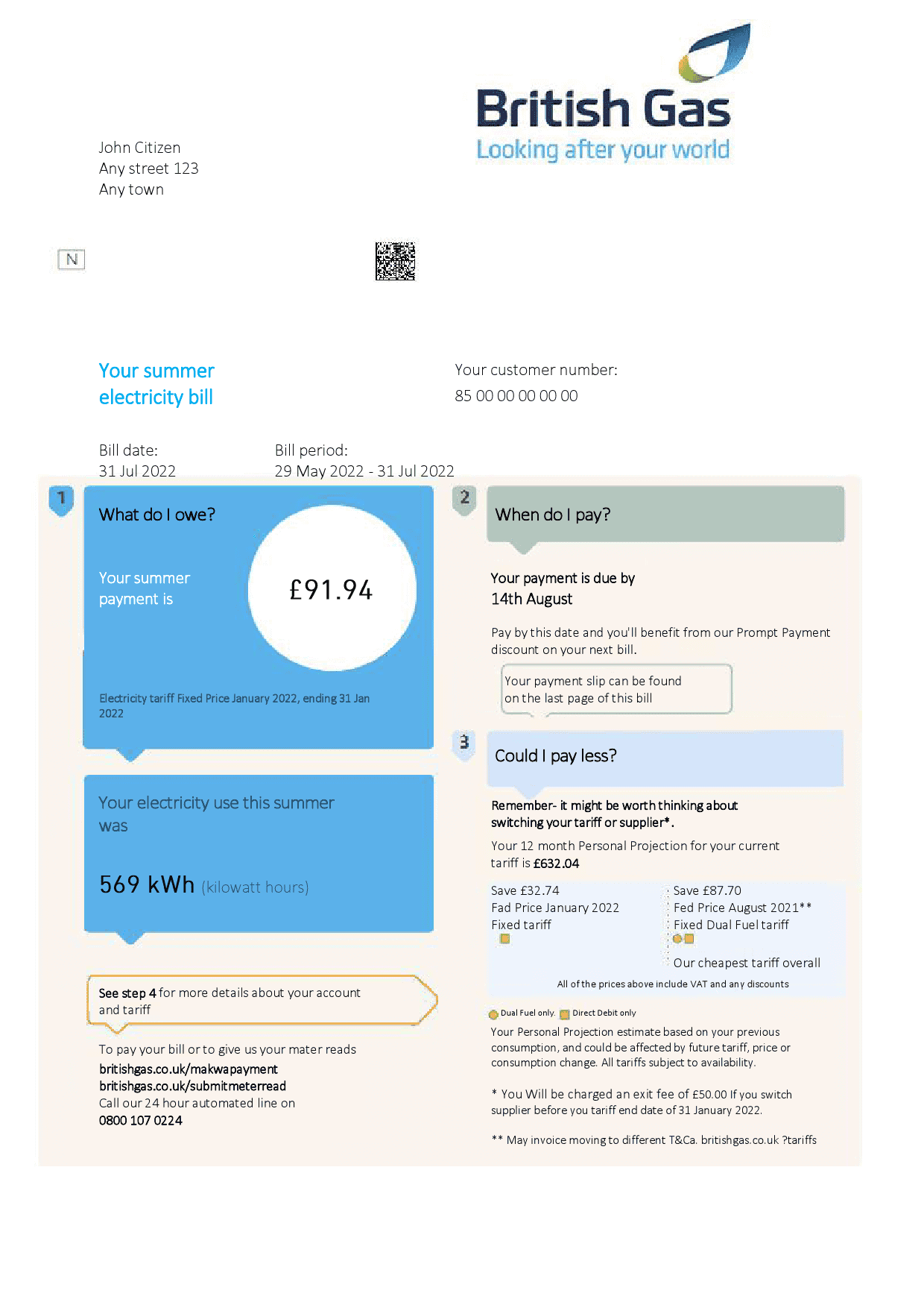British-gas.png United Kingdom British Gas bill, Word and PDF template, 2 pages