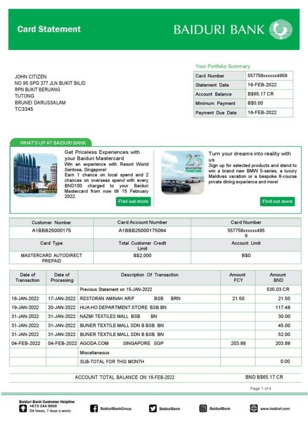 Brunei-Baiduri-bank-card-statement-Word-and-PDF-template-4-pages-1.jpg Brunei Baiduri bank card statement, Word and PDF template, 4 pages