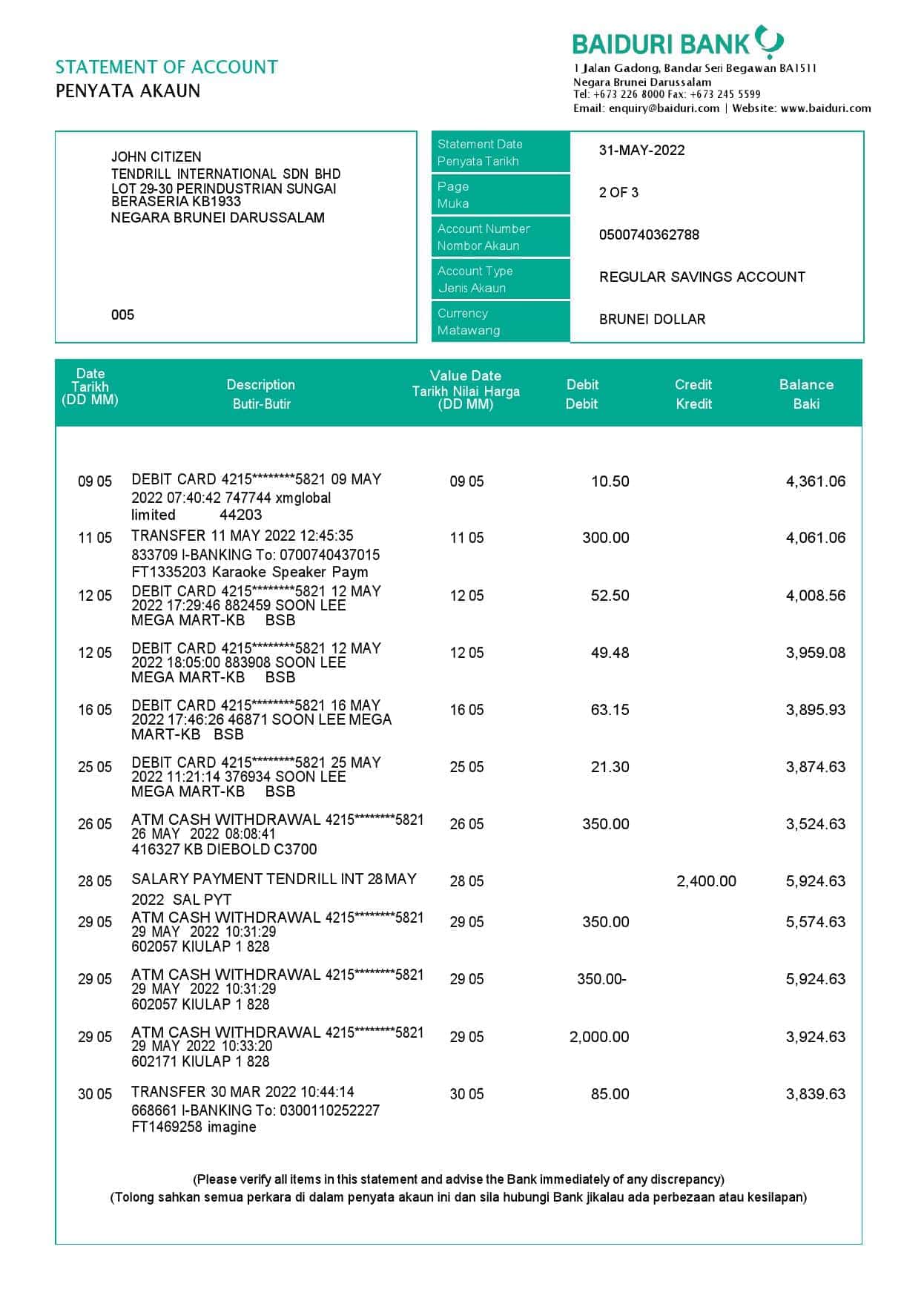 Brunei-Baiduri-bank-statement-3-pages_000002.jpg Brunei Baiduri bank statement, Word and PDF template, 3 pages - Image 2
