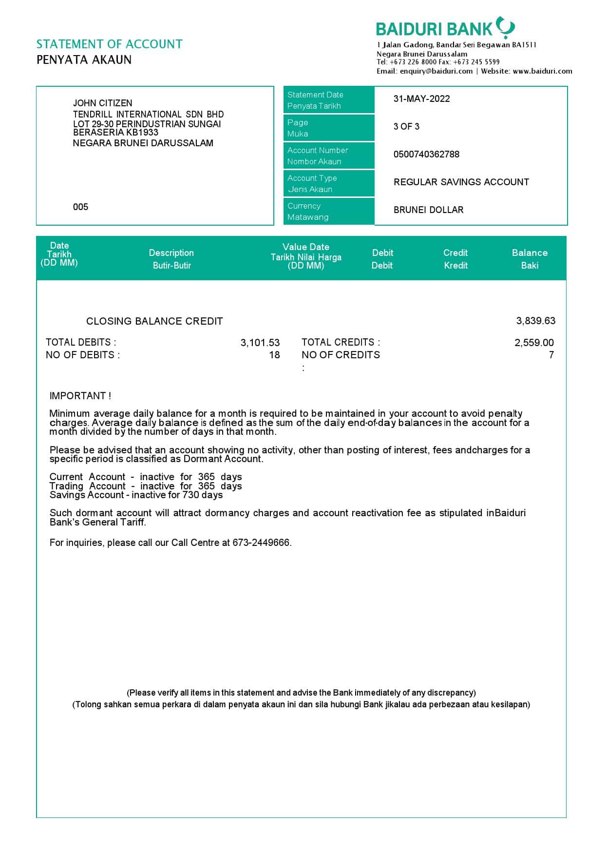 Brunei-Baiduri-bank-statement-3-pages_000003.jpg Brunei Baiduri bank statement, Word and PDF template, 3 pages - Image 3