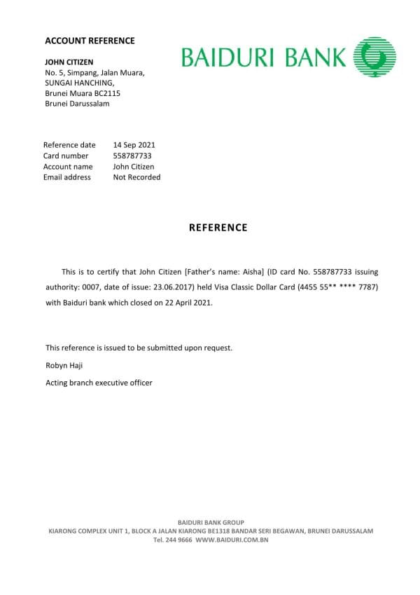 Brunei Baiduri bank account closure reference letter template in Word and PDF format Brunei Baiduri bank account closure reference letter template in Word and PDF format
