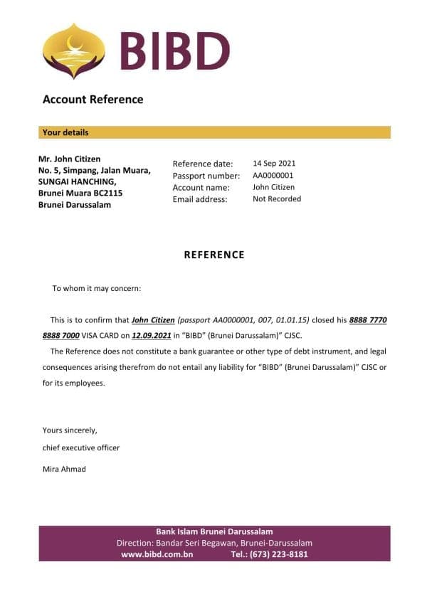 Brunei Islam Darussalam bank account closure reference letter template in Word and PDF format Brunei Islam Darussalam bank account closure reference letter template in Word and PDF format
