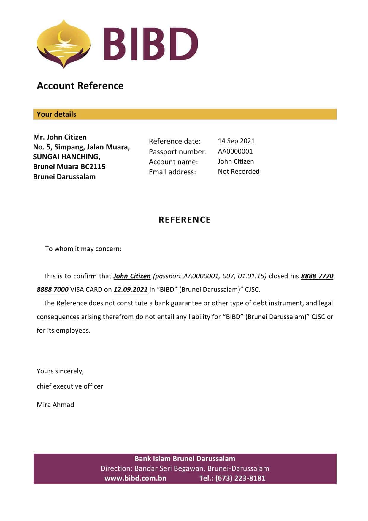 Brunei Islam Darussalam bank account closure reference letter template in Word and PDF format Brunei Islam Darussalam bank account closure reference letter template in Word and PDF format
