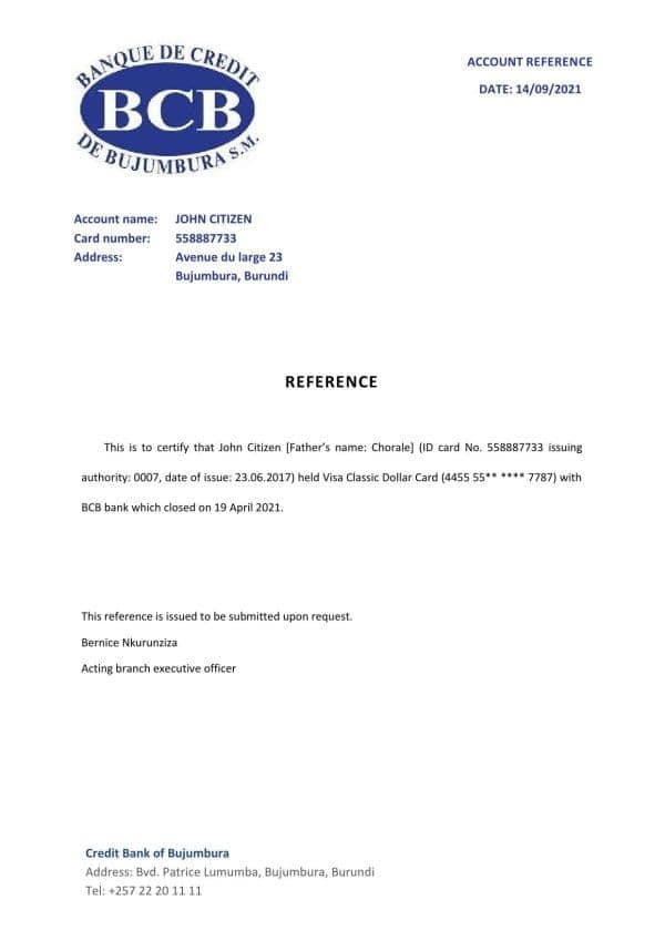Burundi Credit Bank of Bujumbura bank account closure reference letter template in Word and PDF format Burundi Credit Bank of Bujumbura bank account closure reference letter template in Word and PDF format