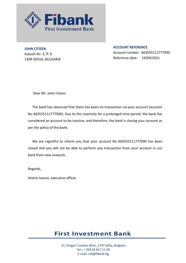 Bulgaria First Investment bank account closure reference letter template in Word and PDF format Bulgaria First Investment bank account closure reference letter template in Word and PDF format