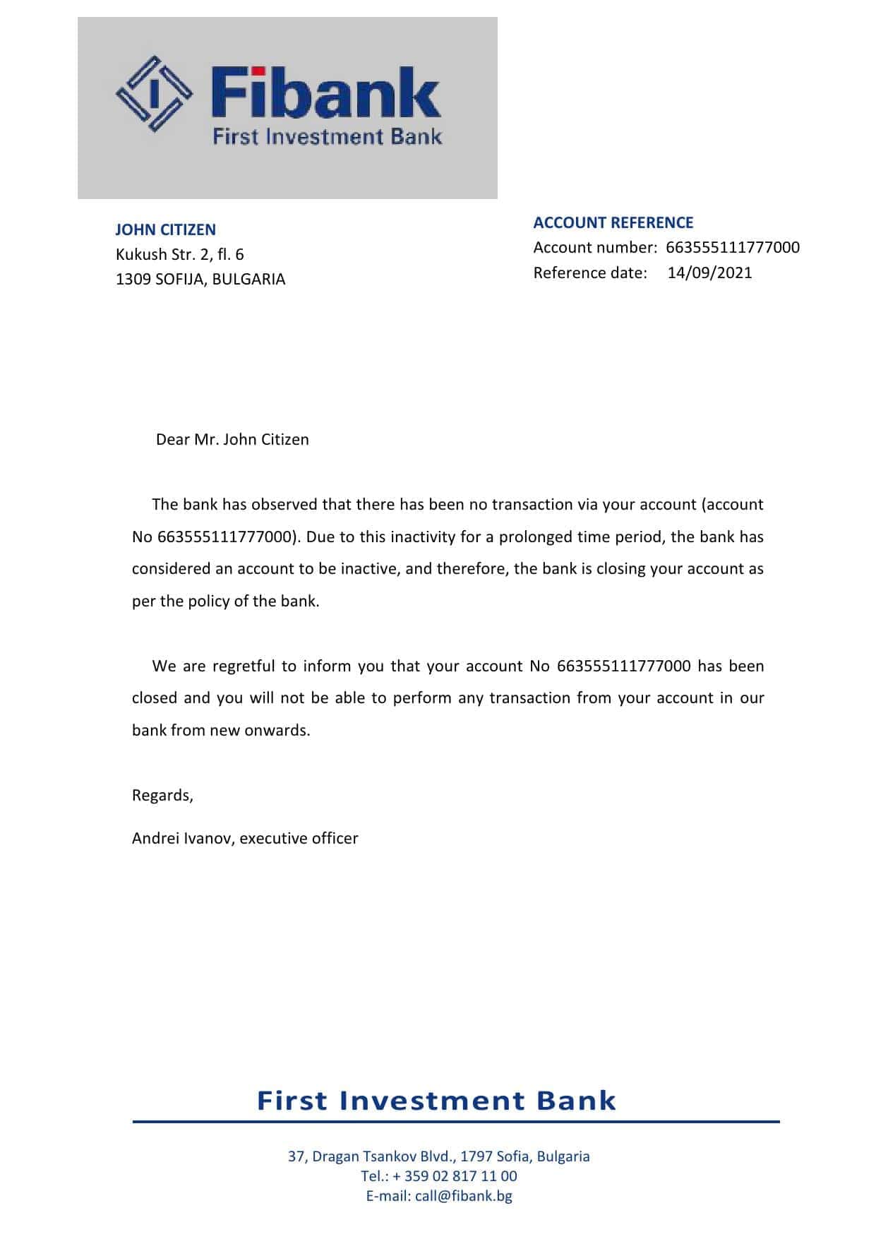 Bulgaria First Investment bank account closure reference letter template in Word and PDF format Bulgaria First Investment bank account closure reference letter template in Word and PDF format