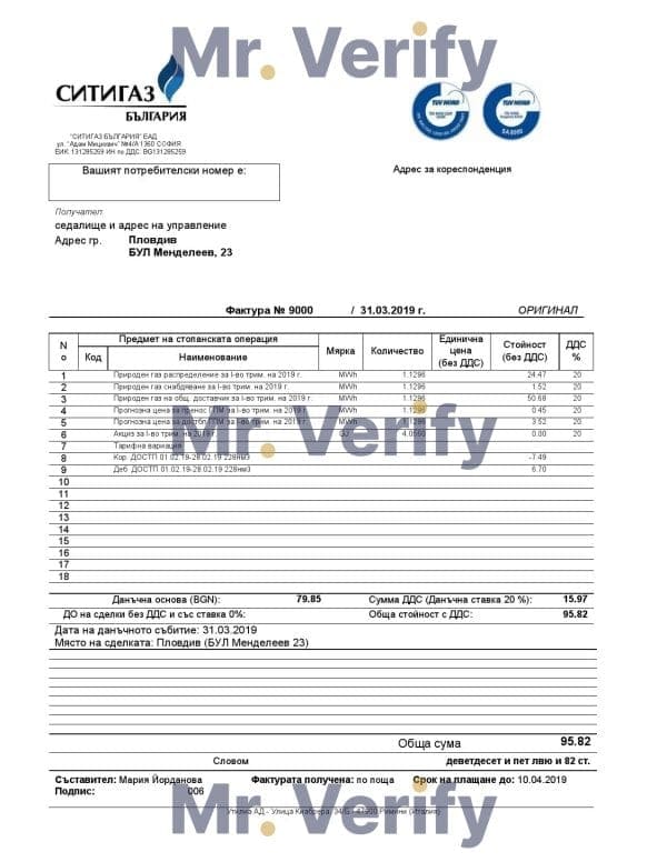 Bulgary Ситигаз gas utility bill template in Word and PDF format