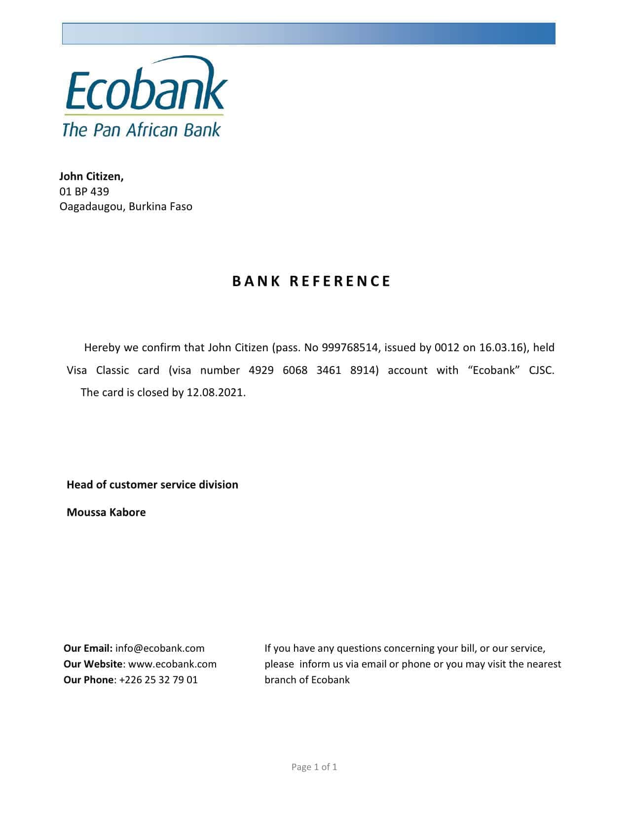 Burkina Faso Ecobank bank account closure reference letter template in Word and PDF format Burkina Faso Ecobank bank account closure reference letter template in Word and PDF format