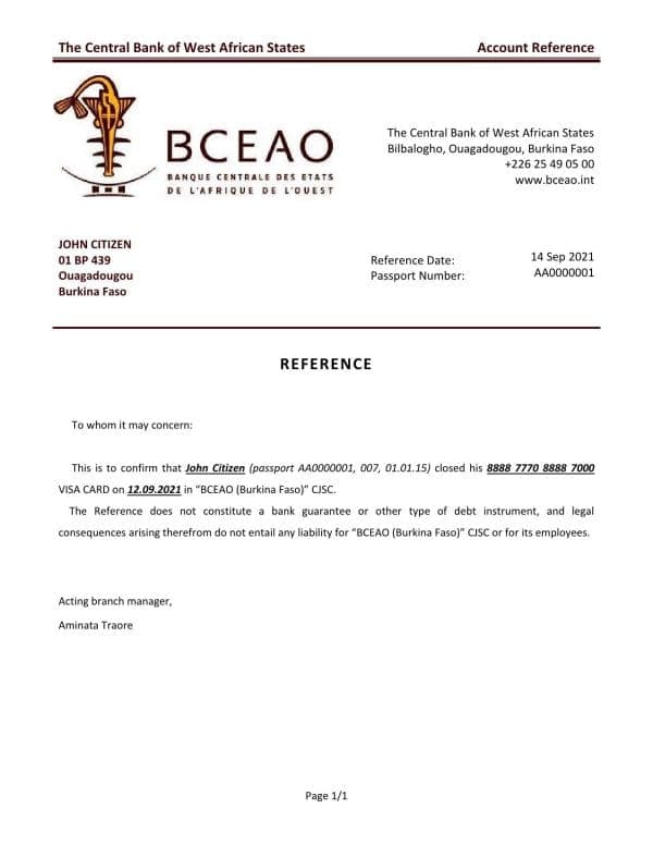 Burkina Faso The Central Bank of West African States bank account closure reference letter template in Word and PDF format Burkina Faso The Central Bank of West African States bank account closure reference letter template in Word and PDF format