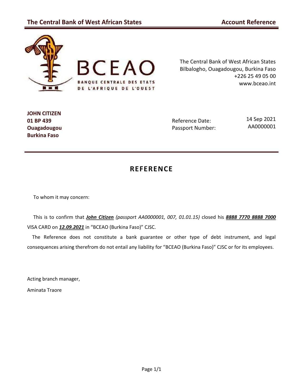 Burkina Faso The Central Bank of West African States bank account closure reference letter template in Word and PDF format Burkina Faso The Central Bank of West African States bank account closure reference letter template in Word and PDF format