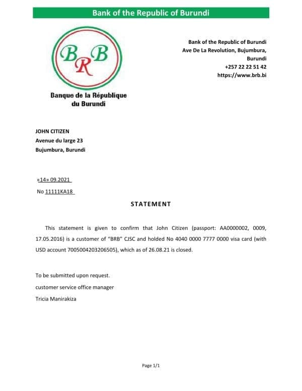 Burundi The Republic Bank of Burundi bank account closure reference letter template in Word and PDF format Burundi The Republic Bank of Burundi bank account closure reference letter template in Word and PDF format