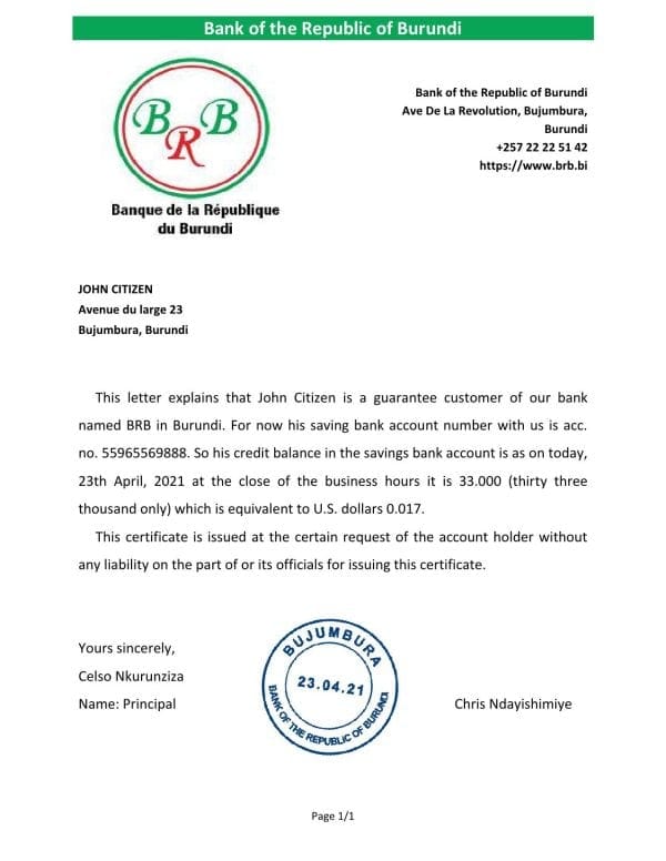 Burundi The Republic Bank of Burundi bank account reference letter template in Word and PDF format Burundi The Republic Bank of Burundi bank account reference letter template in Word and PDF format