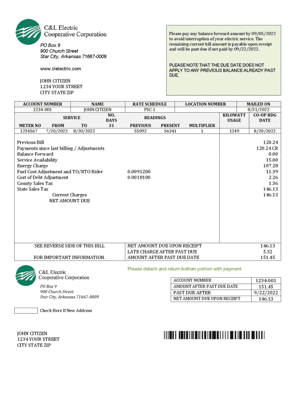 USA Arkansas C & L Electric Cooperative Corporation utility bill template in Word and PDF format