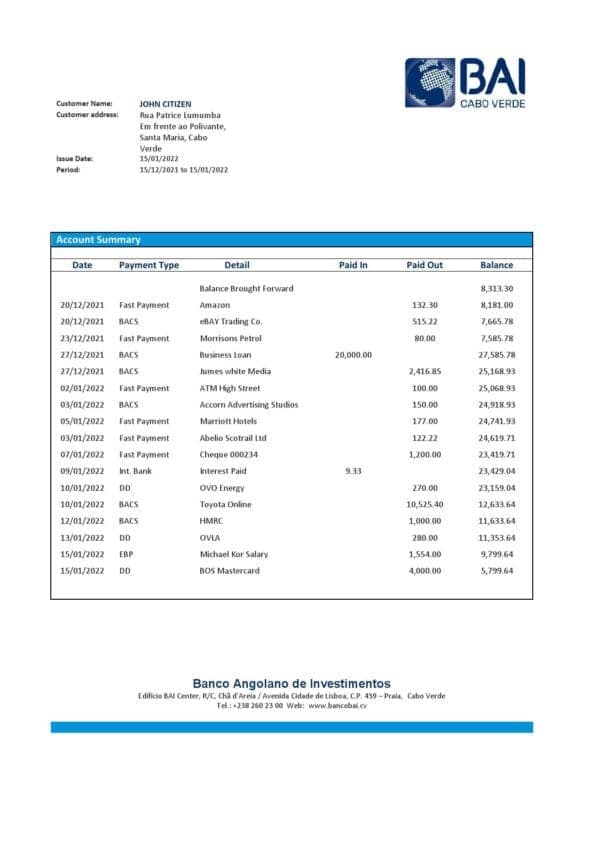 Cabo Verde Banco Africano de Investimento bank statement Word and PDF template