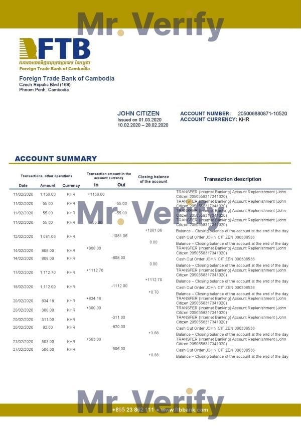 Cambodia Foreign Trade Bank of Cambodia bank statement easy to fill template in Excel and PDF format