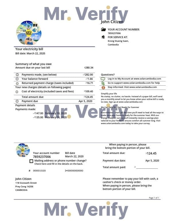 Cambodia Solar Green Energy Cambodia Co utility bill template in Word and PDF format
