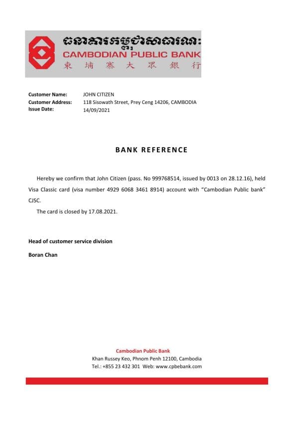 Cambodia Cambodian Public Bank account closure reference letter template in Word and PDF format Cambodia Cambodian Public Bank account closure reference letter template in Word and PDF format