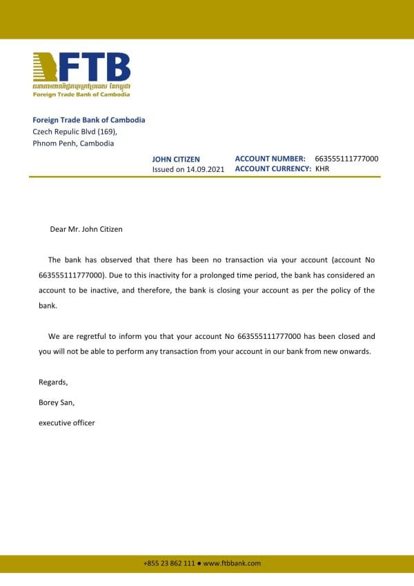 Cambodia Foreign Trade Bank of Cambodia bank account closure reference letter template in Word and PDF format Cambodia Foreign Trade Bank of Cambodia bank account closure reference letter template in Word and PDF format