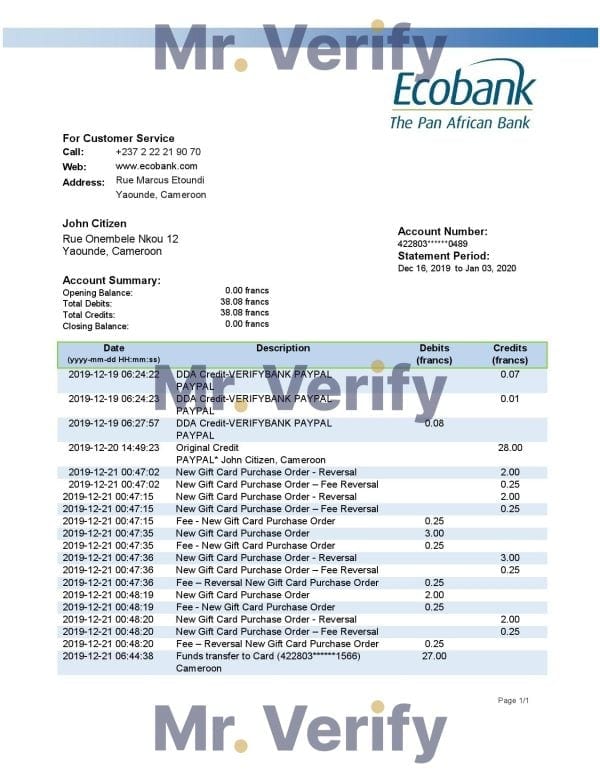 Cameroon Ecobank bank statement easy to fill template in .xls and .pdf file format