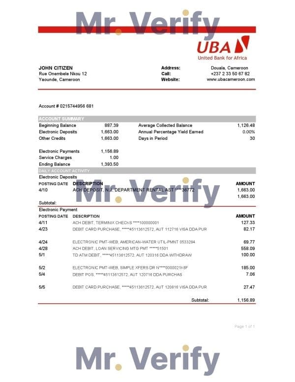 Cameroon UBA bank statement easy to fill template in Excel and PDF format