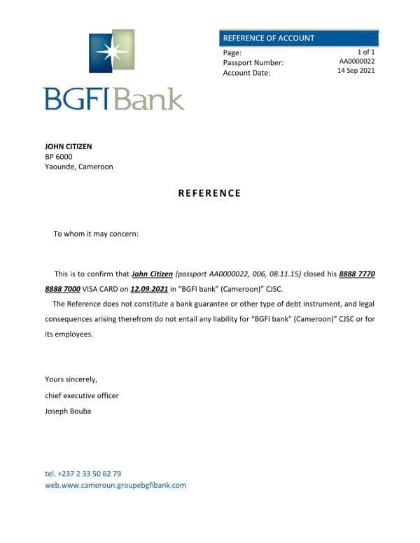 Cameroon BGFI Bank account closure reference letter template in Word and PDF format Cameroon BGFI Bank account closure reference letter template in Word and PDF format