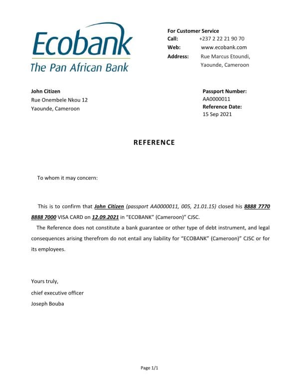 Cameroon Ecobank account closure reference letter template in Word and PDF format Cameroon Ecobank account closure reference letter template in Word and PDF format