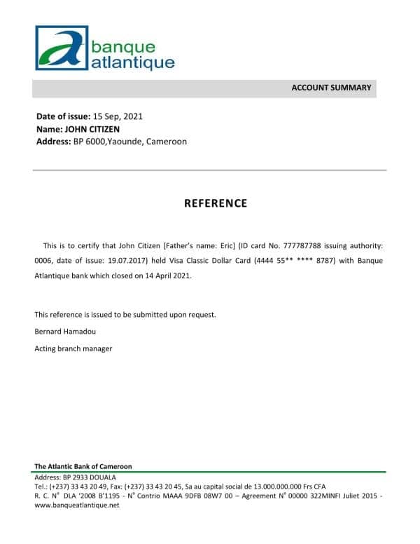 Cameroon The Atlantic bank account closure reference letter template in Word and PDF format Cameroon The Atlantic bank account closure reference letter template in Word and PDF format