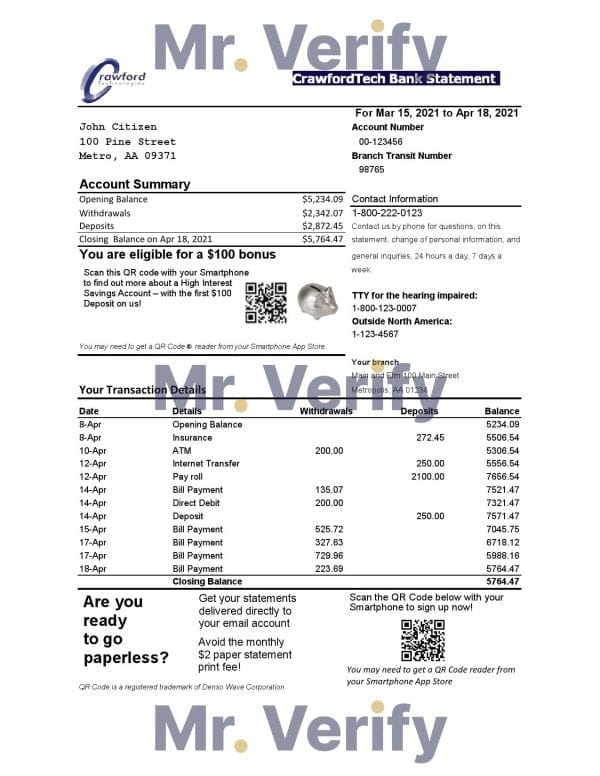 Canada CrawfordTech bank statement easy to fill template in Excel and PDF format