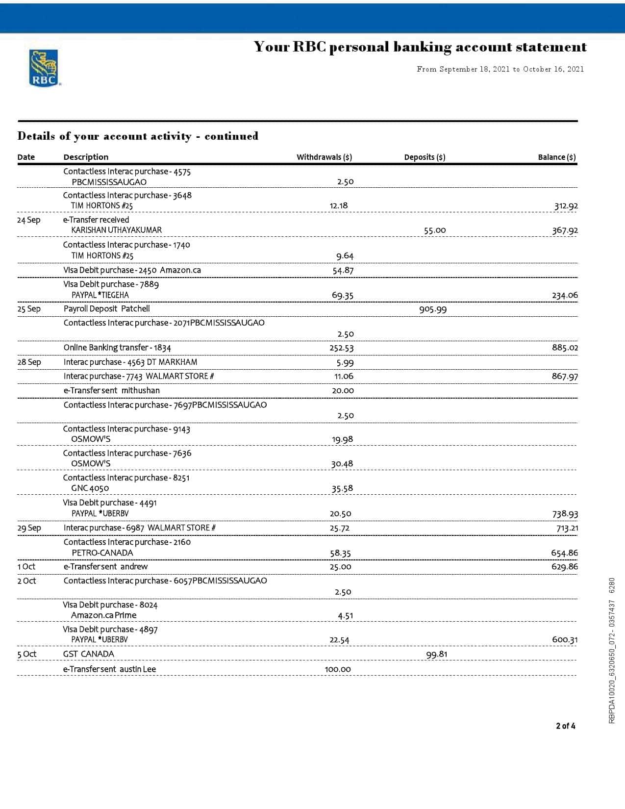 Canada-RBC-4-pages-John-Citizen_000002.jpg Canada Royal Bank of Canada (RBC) bank statement template in Word and PDF format (4 pages) - Image 2