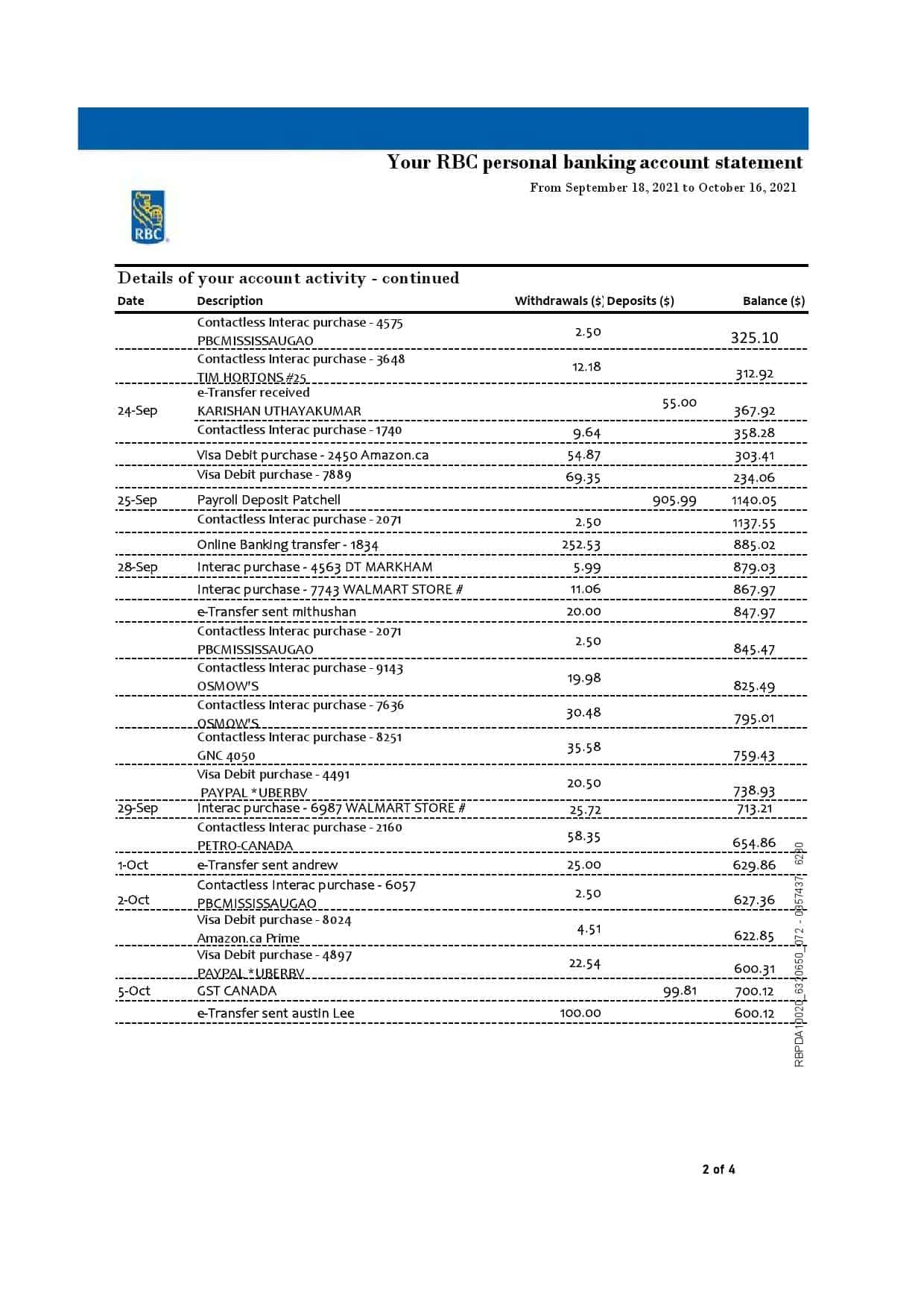 Canada-RBC-4-pages_000002.jpg Canada Royal Bank of Canada (RBC) bank statement template in .xls and .pdf file format (4 pages) (AutoSum) - Image 2