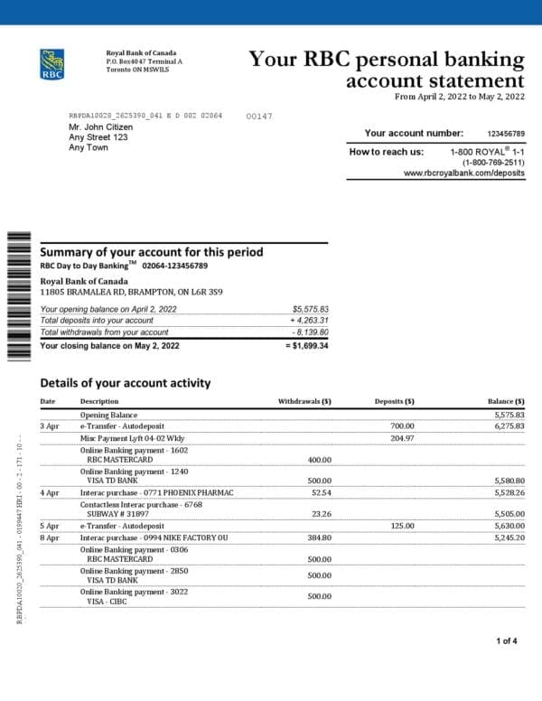 Canada-RBC_000001.jpg Canada Royal Bank of Canada (RBC) bank statement, Word and PDF template, 4 pages, version 2