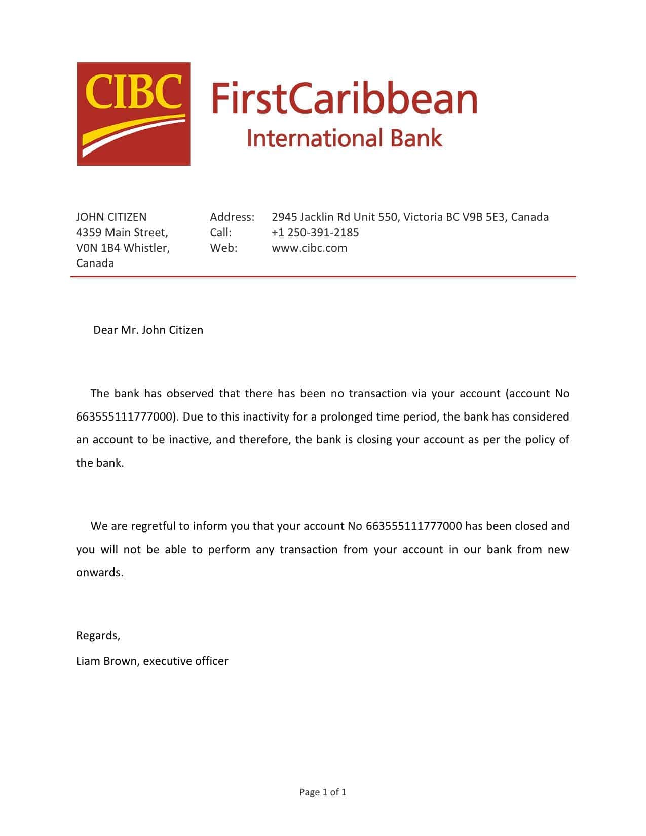 Canada CIBC Bank account closure reference letter template in Word and PDF format Canada CIBC Bank account closure reference letter template in Word and PDF format