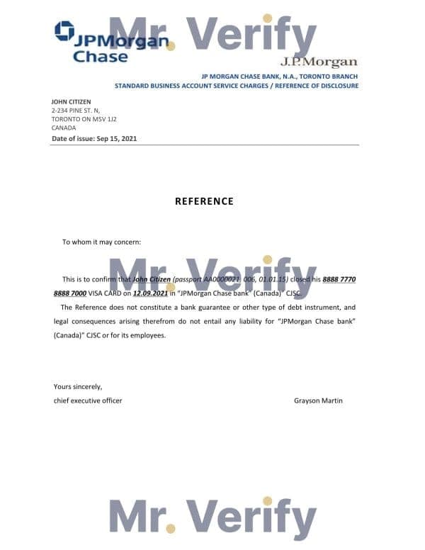 Canada JPMorgan Chase bank account closure reference letter template in Word and PDF format Canada JPMorgan Chase bank account closure reference letter template in Word and PDF format