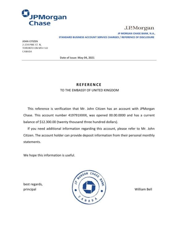 Canada JPMorgan Chase bank account reference letter template in Word and PDF format Canada JPMorgan Chase bank account reference letter template in Word and PDF format