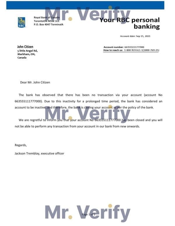 Canada Royal Bank of Canada (RBC) bank account closure reference letter template in Word and PDF format Canada Royal Bank of Canada (RBC) bank account closure reference letter template in Word and PDF format