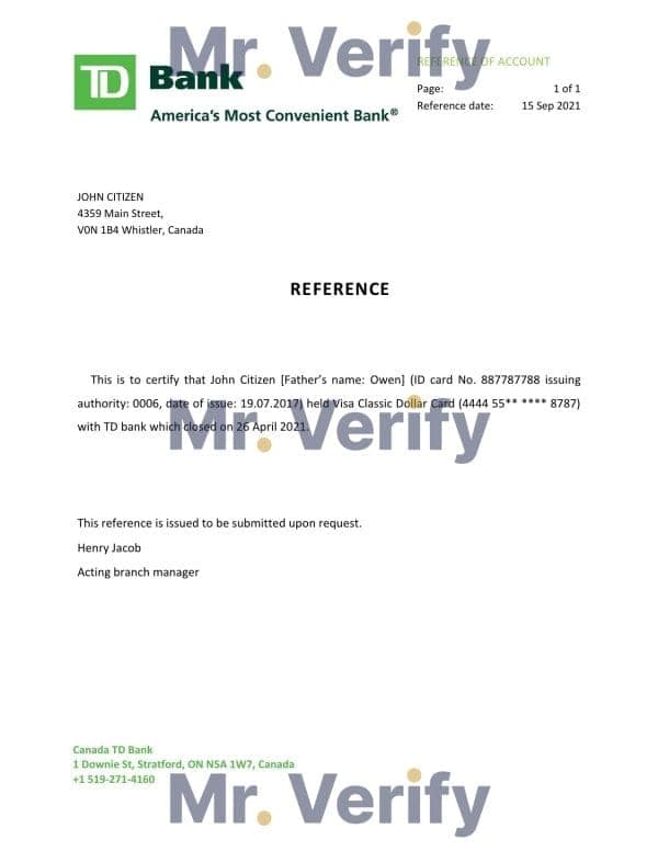 Canada TD Bank account closure reference letter template in Word and PDF format Canada TD Bank account closure reference letter template in Word and PDF format