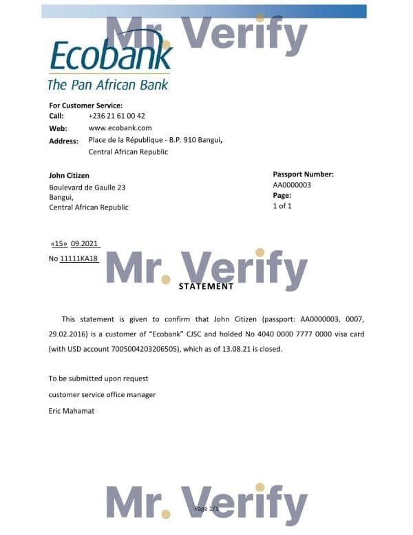 Central African Republic Ecobank bank account closure reference letter template in Word and PDF format Central African Republic Ecobank bank account closure reference letter template in Word and PDF format