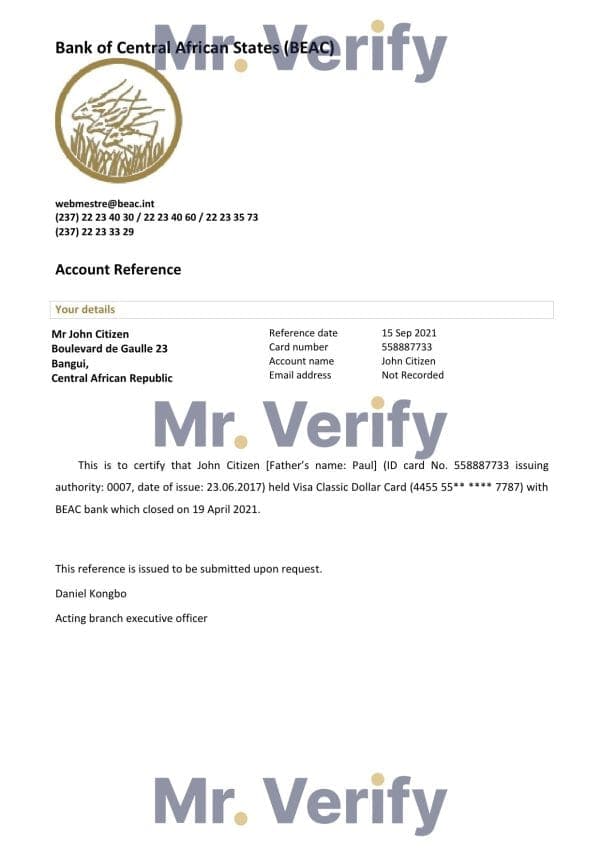 Central African Republic Bank of Central African States (BEAC) bank account closure reference letter template in Word and PDF format Central African Republic Bank of Central African States (BEAC) bank account closure reference letter template in Word and PDF format