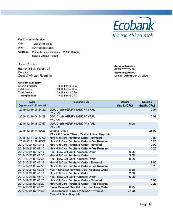 Central African Republic Ecobank bank statement easy to fill template in .xls and .pdf file format (AutoSum)