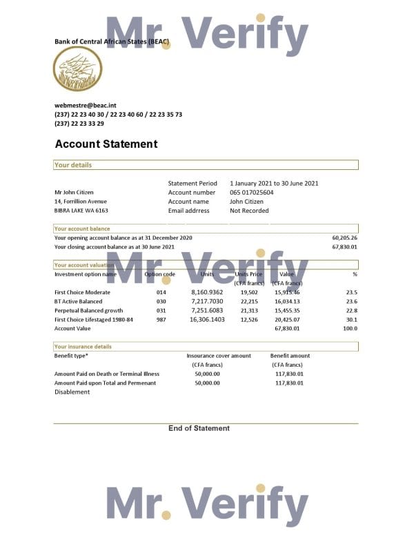 Central African Republic Bank of Central African States (BEAC) bank statement template, Word and PDF format (.doc and .pdf)