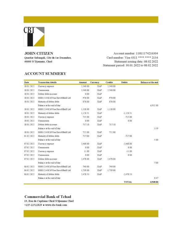 Chad-Commercial-Bank-of-Tchad-bank-statement-Excel-and-PDF-template-fully-editable-AutoSum.jpg Chad Commercial Bank of Tchad bank statement Excel and PDF template, fully editable (AutoSum)
