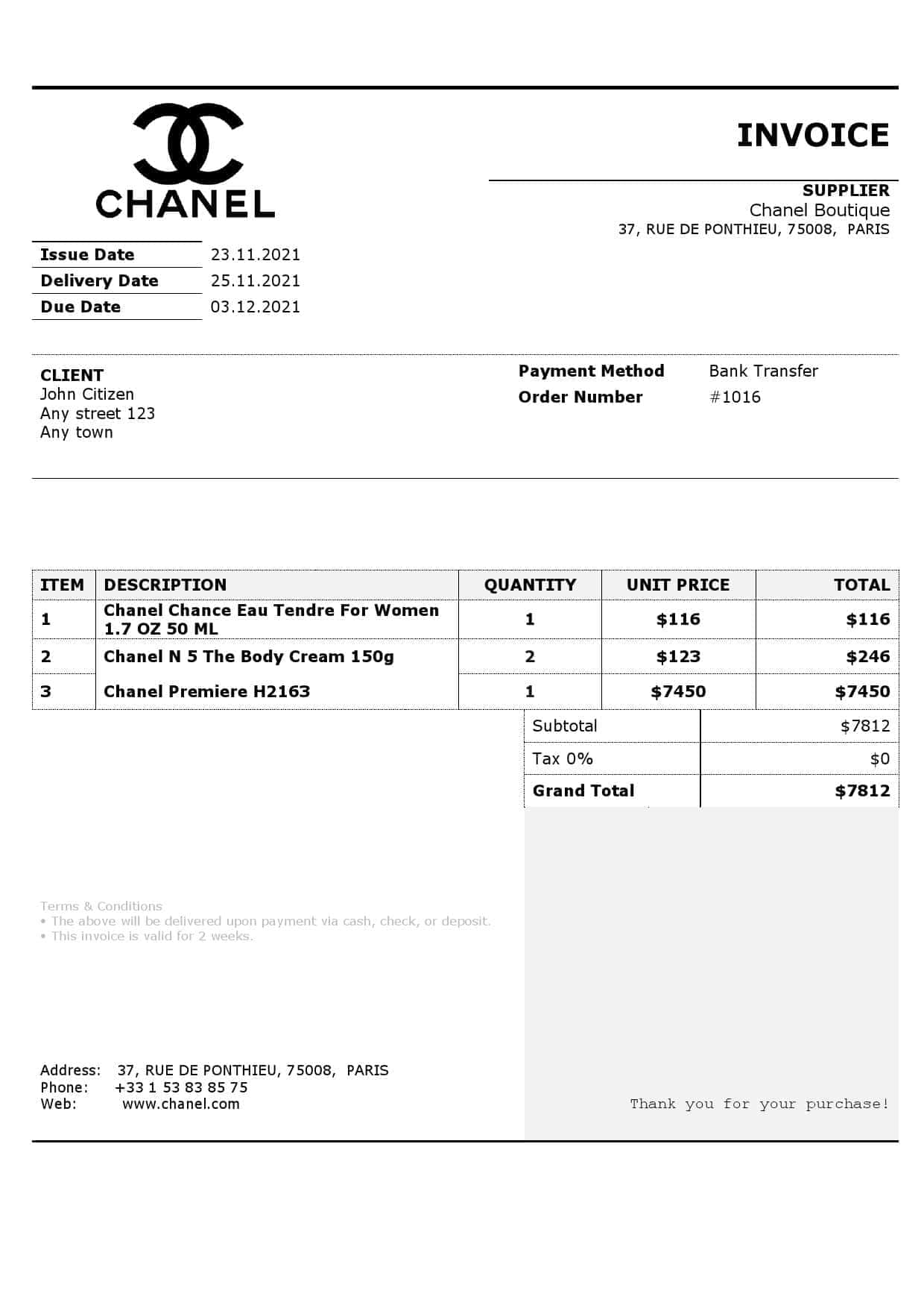 Chanel-invoice.jpg USA Chanel invoice template in Word and PDF format