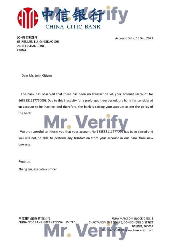China Citic Bank account closure reference letter template in Word and PDF format China Citic Bank account closure reference letter template in Word and PDF format