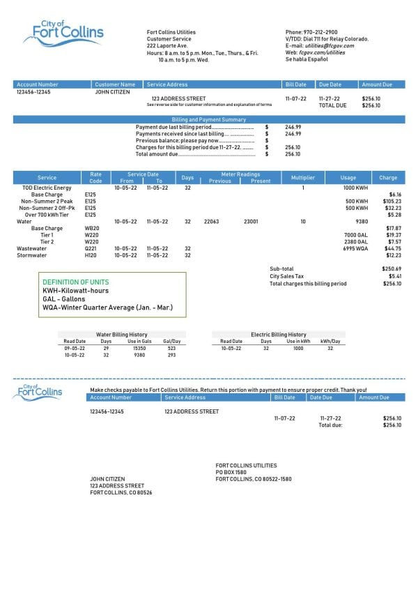 USA Colorado Fort Collins Utilities utility bill template in Word and PDF format