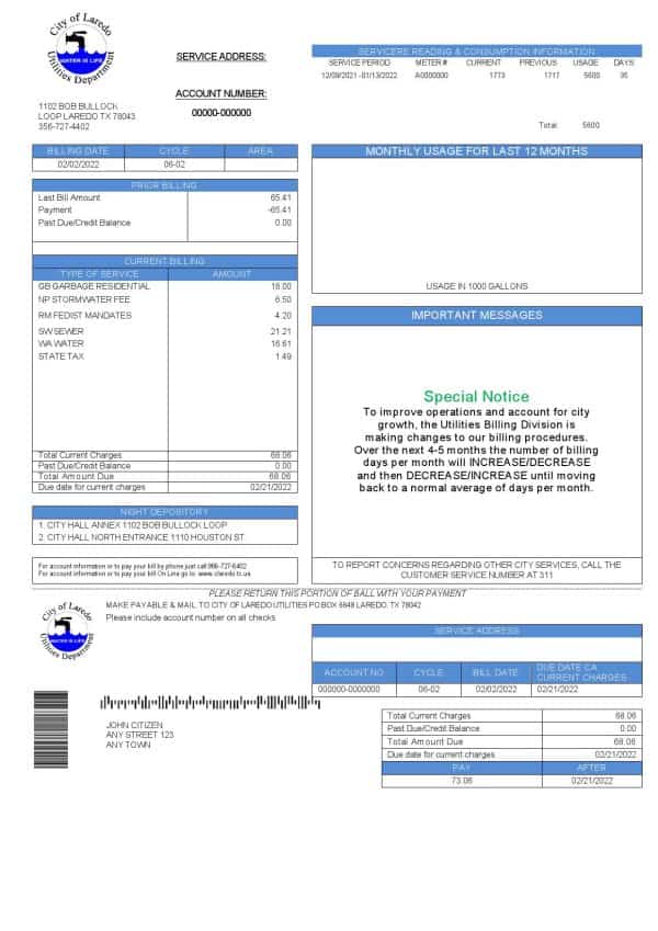 USA Texas City of Laredo Utilities Department water utility bill template in Word and PDF format