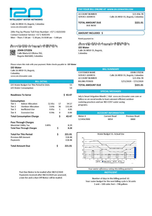 Colombia i2O Water utility bill template in Word and PDF format